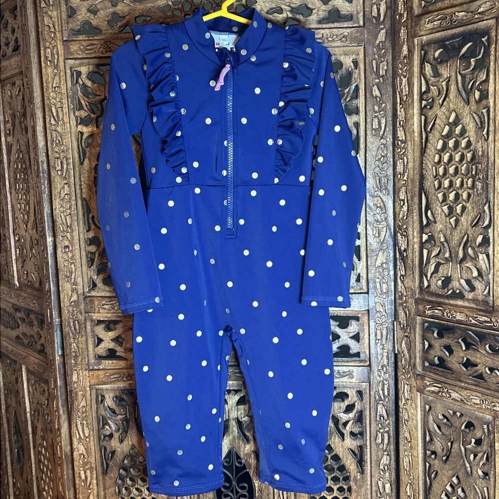 Mini Boden Long Sleeve Swimsuit 1 Piece Rash Guard UPF 40+ Gold Polka Dot 3-4